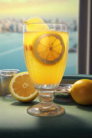 Close up of glass of lemon juice on blurred background, created using generative ai technology. Juice, drink and refreshment concept digitally generated image.の素材