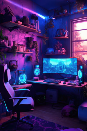Room with screens with video game and gaming chair, created using generative ai technology. Gaming setup background concept digitally generated image.の素材