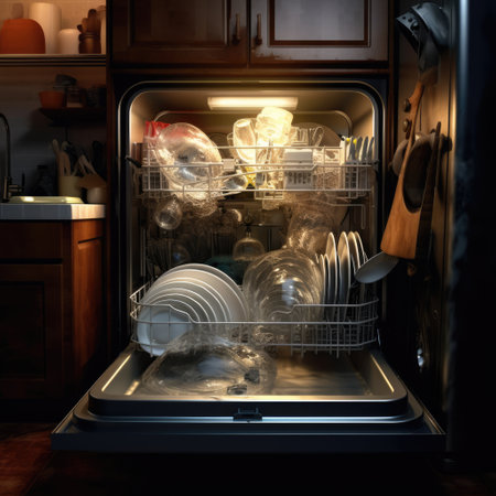 Interior of dishwasher packed with dishes with door open, created using generative ai technology. Dishwashing and kitchen appliances concept digitally generated image.の素材