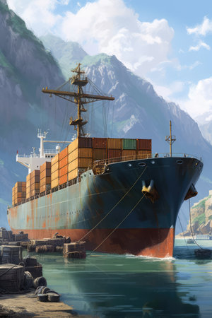 Cargo boat in shipyard port, created using generative ai technology. Ships, cargo and sea transport concept digitally generated image.の素材
