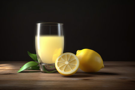Glass of lemon juice and lemon on black background, created using generative ai technology. Juice, drink and refreshment concept digitally generated image.の素材