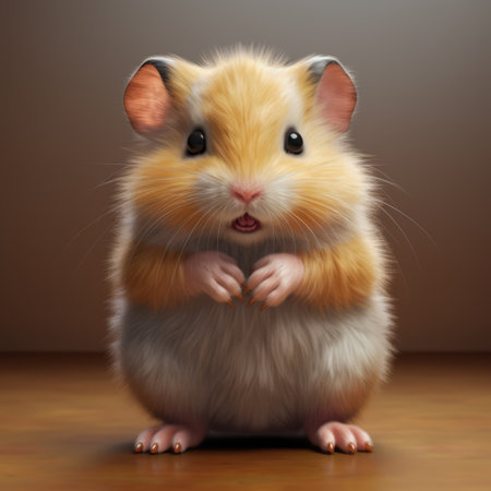 Close up of cute hamster on grey background, created using generative ai technology. Pet, animal and rodent concept digitally generated image.の素材