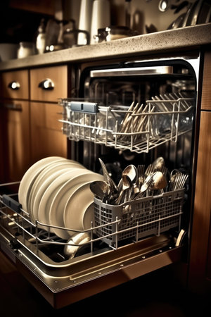 Interior of dishwasher packed with dishes with door open, created using generative ai technology. Dishwashing and kitchen appliances concept digitally generated image.の素材