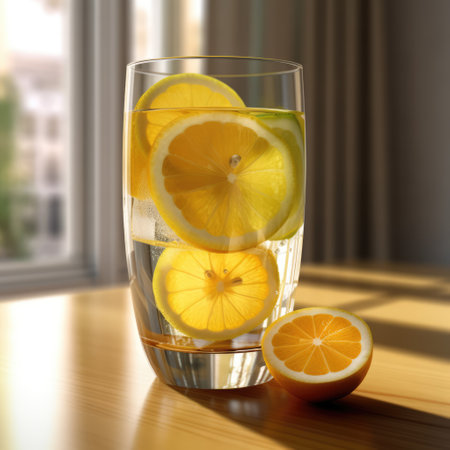 Glass of lemon juice and lemon on wooden surface, created using generative ai technology. Juice, drink and refreshment concept digitally generated image.の素材