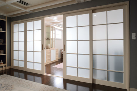 Opened glass tatami door to living room, created using generative ai technology. Interior design, japanese style and home decor concept digitally generated image.の素材