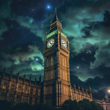 Lit big ben tower in london at night, created using generative ai technology. London landmark, great britain and historic building concept digitally generated image.の素材