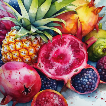 Watercolour with close up of tropical fruit, created using generative ai technology. Watercolour, fruit and still life painting concept digitally generated image.の素材