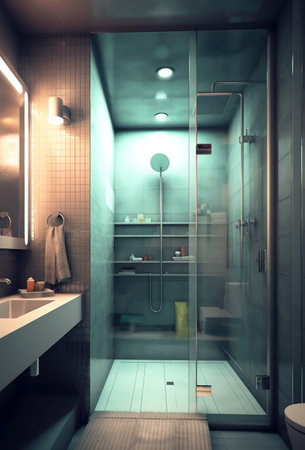 Modern bathroom with shower and basin, created using generative ai technology. Modern bathroom shower decor and interior design concept digitally generated image.の素材