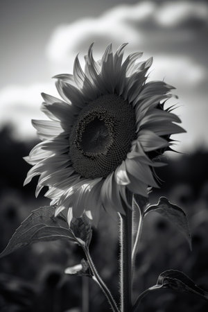 Sunflower with blurred background in black and white, created using generative ai technology. Nature, summer and flower concept digitally generated image.の素材