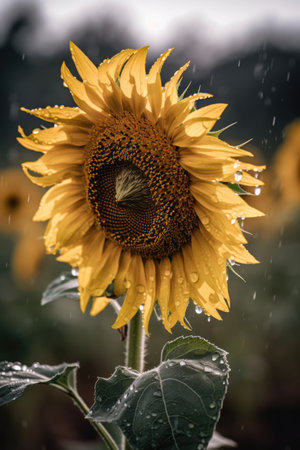 Sunflower in field with rain and blurred background, created using generative ai technology. Nature, summer and flower concept digitally generated image.の素材
