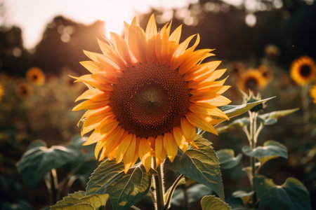 Sunflower in field with blurred background, created using generative ai technology. Nature, summer and flower concept digitally generated image.の素材