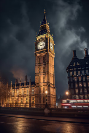 Big ben tower in london at night, created using generative ai technology. London landmark, great britain and historic building concept digitally generated image.の素材