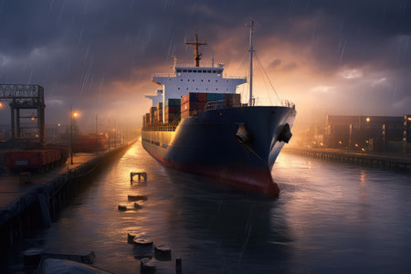 Cargo boat in shipyard port, created using generative ai technology. Ships, cargo and sea transport concept digitally generated image.の素材