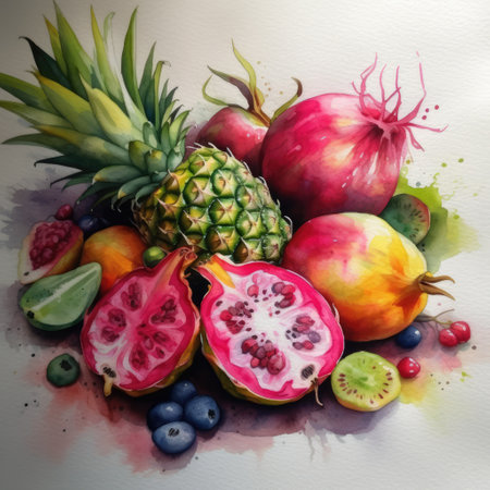 Watercolour with close up of tropical fruit, created using generative ai technology. Watercolour, fruit and still life painting concept digitally generated image.の素材
