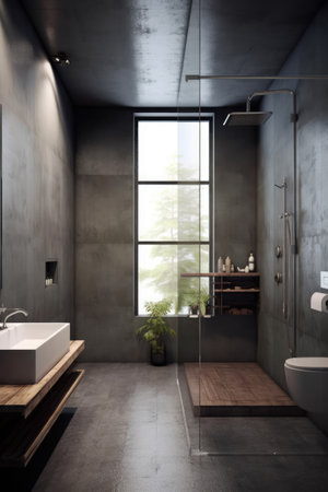 Modern bathroom with shower and basin, created using generative ai technology. Modern bathroom shower decor and interior design concept digitally generated image.の素材
