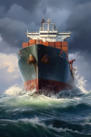 Cargo boat loaded with cargo boxes sailing at rough sea, created using generative ai technology. Ships, cargo and sea transport concept digitally generated image.の素材
