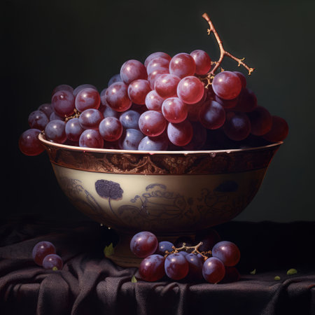 Close up of red grapes in bowl on black background, created using generative ai technology. Grapes, fruit and still life concept digitally generated image.の素材