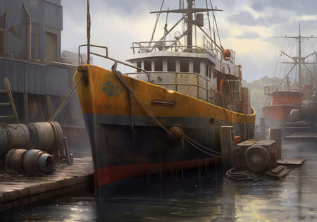 Cargo boat in shipyard port, created using generative ai technology. Ships, cargo and sea transport concept digitally generated image.の素材