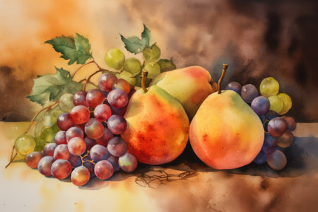 Watercolour with red grapes and pears, created using generative ai technology. Watercolour, fruit and still life painting concept digitally generated image.の素材