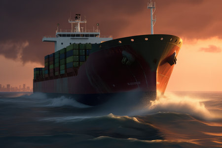 Cargo boat loaded with cargo boxes sailing at sea, created using generative ai technology. Ships, cargo and sea transport concept digitally generated image.の素材