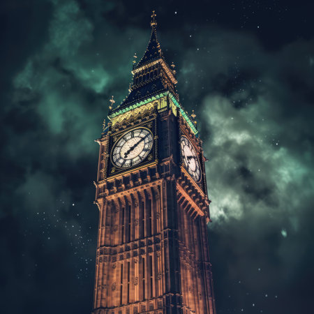 Lit big ben tower in london at night, created using generative ai technology. London landmark, great britain and historic building concept digitally generated image.の素材
