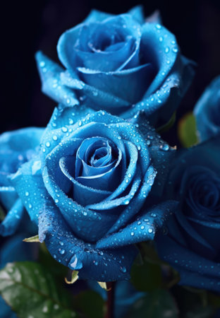 Close up of blue roses with water drops, created using generative ai technology. Rose, flower, nature and colour concept digitally generated image.の素材
