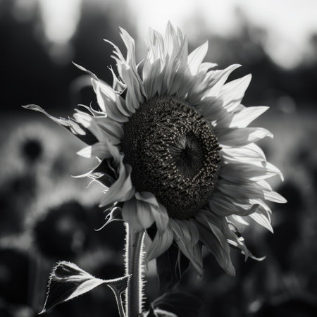 Sunflower with blurred background in black and white, created using generative ai technology. Nature, summer and flower concept digitally generated image.の素材