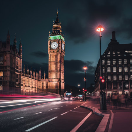 Lit big ben tower in london at night, created using generative ai technology. London landmark, great britain and historic building concept digitally generated image.の素材
