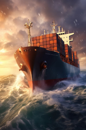 Cargo boat loaded with cargo boxes sailing at rough sea, created using generative ai technology. Ships, cargo and sea transport concept digitally generated image.の素材