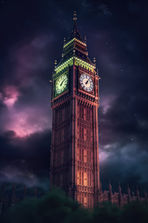 Lit big ben tower in london at night, created using generative ai technology. London landmark, great britain and historic building concept digitally generated image.の素材