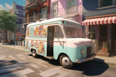 Pink and blue retro ice cream truck in town, created using generative ai technology. Ice cream truck, summer and vintage concept digitally generated image.の素材