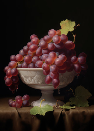 Close up of red grapes in bowl on black background, created using generative ai technology. Grapes, fruit and still life concept digitally generated image.の素材