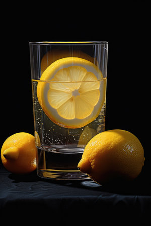 Glass of lemon juice and lemons on black background, created using generative ai technology. Juice, drink and refreshment concept digitally generated image.の素材