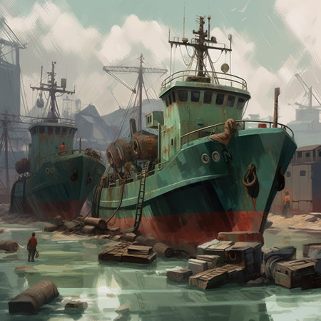 Cargo boats in shipyard port, created using generative ai technology. Ships, cargo and sea transport concept digitally generated image.の素材