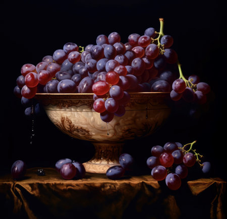 Close up of red grapes in bowl on black background, created using generative ai technology. Grapes, fruit and still life concept digitally generated image.の素材
