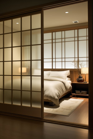 Opened glass tatami door to bedroom, created using generative ai technology. Interior design, japanese style and home decor concept digitally generated image.の素材