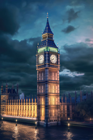Lit big ben tower in london at night, created using generative ai technology. London landmark, great britain and historic building concept digitally generated image.の素材
