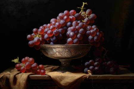 Close up of red grapes in bowl on black background, created using generative ai technology. Grapes, fruit and still life concept digitally generated image.の素材