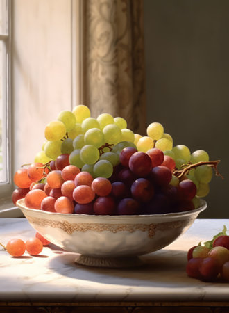 Close up of red and white grapes in bowl in kitchen, created using generative ai technology. Grapes, fruit and still life concept digitally generated image.の素材