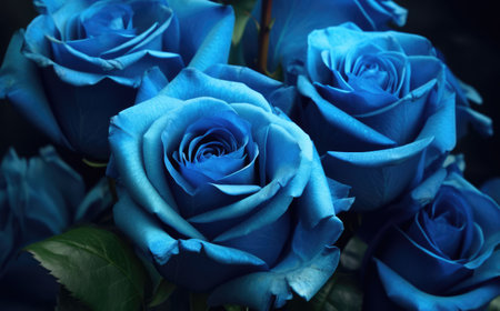 Close up of blue roses on black background, created using generative ai technology. Rose, flower, nature and colour concept digitally generated image.の素材