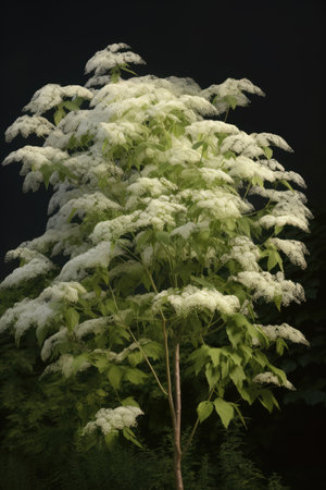 Elderberry tree with white flowers on black background, created using generative ai technology. Elderberry tree, blossom, nature and summer concept digitally generated image.の素材