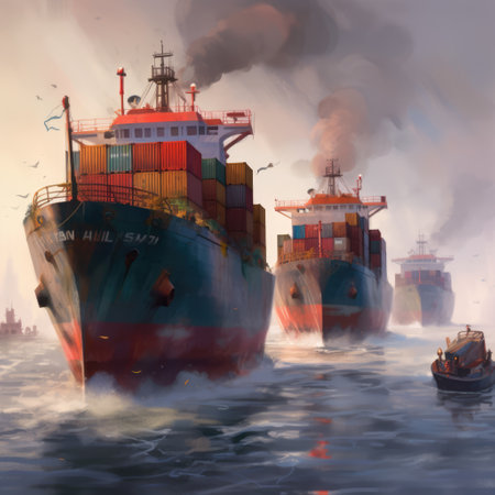 Three cargo boats loaded with cargo boxes sailing at sea, created using generative ai technology. Ships, cargo and sea transport concept digitally generated image.の素材