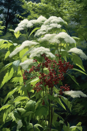 Elderberry tree with white flowers and berries in field, created using generative ai technology. Elderberry tree, blossom, nature and summer concept digitally generated image.の素材