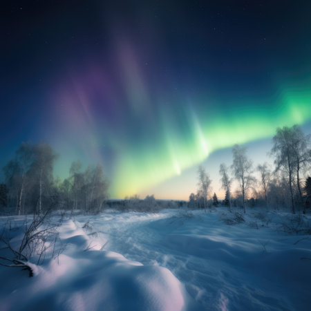 Aurora borealis in snowscape landscape, created using generative ai technology. London landmark, nature, winter and natural phenomenon concept digitally generated image.の素材