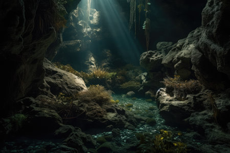 Rays of sunlight and plant life in underwater cave, created using generative ai technology. Nature, diving and underwater exploration concept digitally generated image.の素材