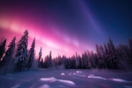 Aurora borealis in snowscape landscape, created using generative ai technology. London landmark, nature, winter and natural phenomenon concept digitally generated image.の素材