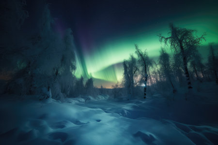 Aurora borealis in snowscape landscape, created using generative ai technology. London landmark, nature, winter and natural phenomenon concept digitally generated image.の素材