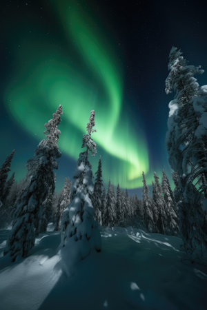 Aurora borealis in snowscape landscape, created using generative ai technology. London landmark, nature, winter and natural phenomenon concept digitally generated image.の素材