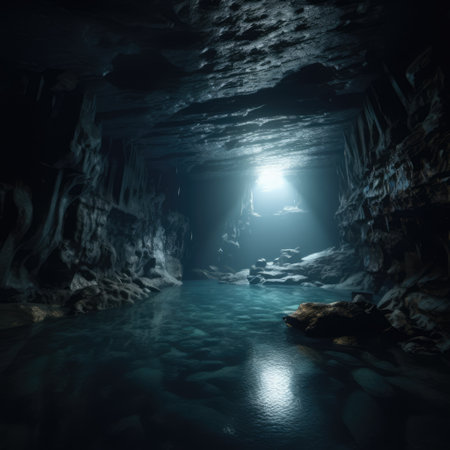 Rays of sunlight in underwater cave, created using generative ai technology. Nature, diving and underwater exploration concept digitally generated image.の素材