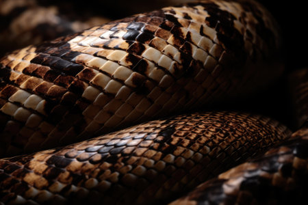 Close up of brown and cream patterned shiny coils of snakeskin. Nature, leather, skin, texture and design concept digitally generated image.の素材